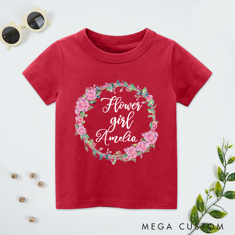 Personalized Flower Girl with Watercolor Rose Wreath Wedding Flower Girl T-Shirt 
