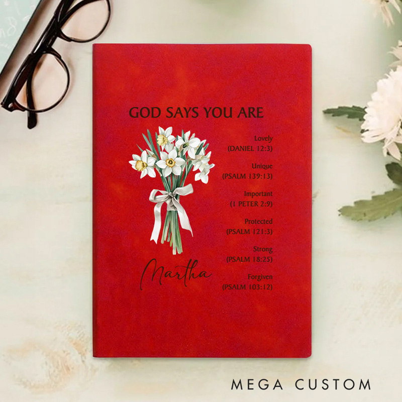 Personalized God Says You are Lovely A5 Leather Prayer Journal Notebook with Birth Flower Bouquet and Name Baptism Birthday Gift for Christians Women