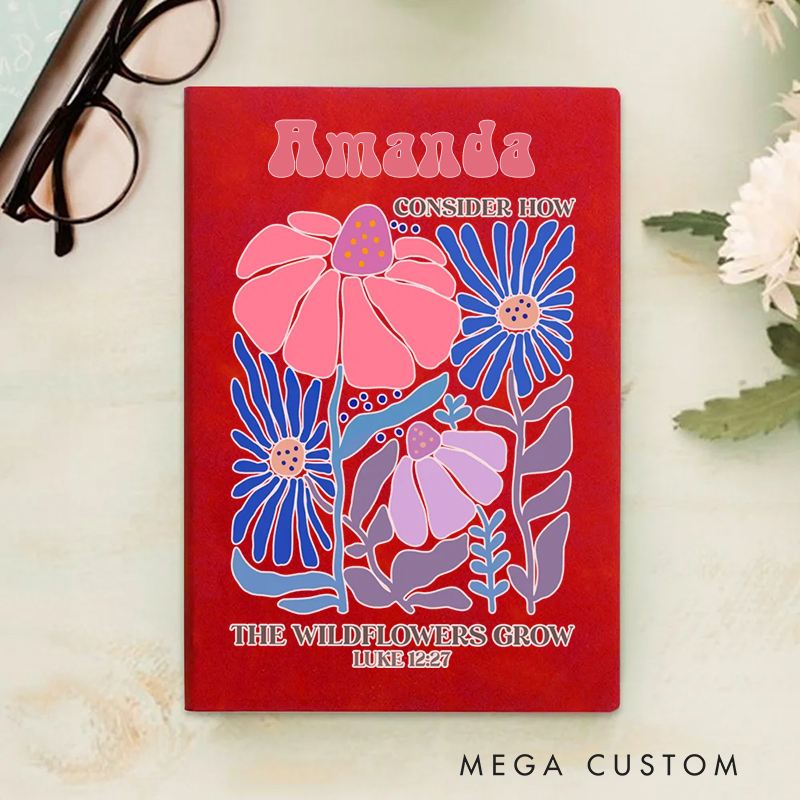 Personalized Multicolor Consider How the Wildflowers Grow A5 Sheepskin Suede Notebook with Name Baptism Birthday Gift for Christians  