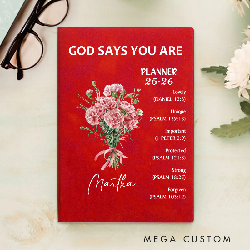 Personalized Flower Bouquet Bible Verse Planner 25-26 Leather A5 Notebook with Name Weekly Monthly Planning Birthday Religious Gift for Family Friends