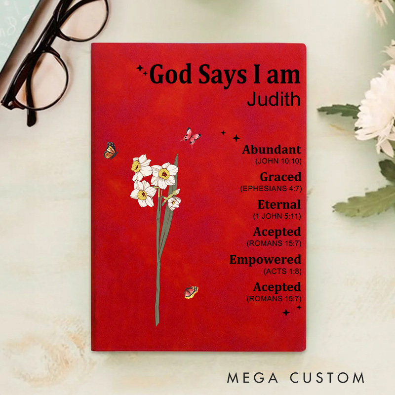 Personalized God Says I am Name Meaning on Bible Verse Leather Prayer Journal Notebook with Name Baptism Gift Thanksgiving Gift for Family Christians