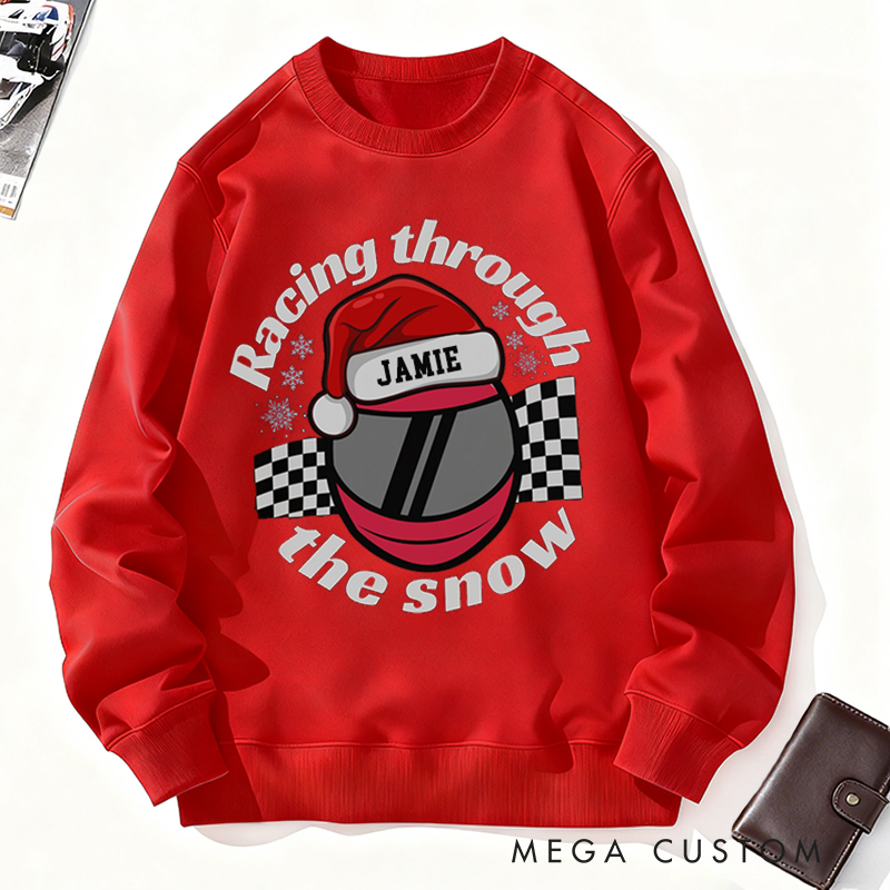 Personalized Christmas Sweatshirt Racing Through the Snow Design Sweatshirt Gift for Racers and Racing Lovers 