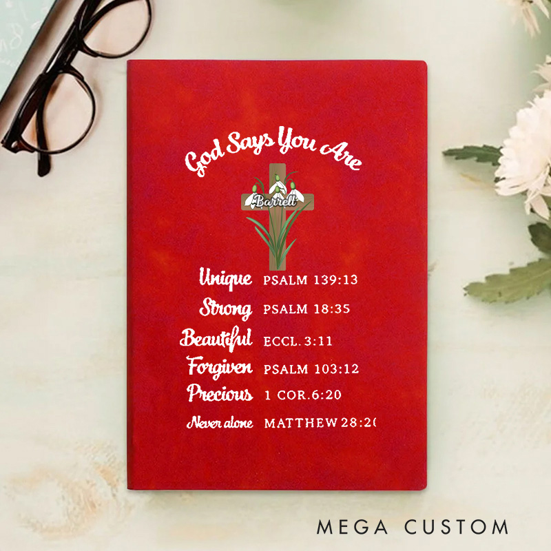 Personalized Birth Flower Cross Bible Verse Prayer Journal Leather A5 Notebook with Name Church Study Birthday Religious Gift for Family Friends