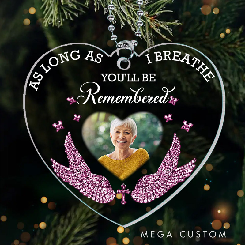 [Copy][Copy][Copy]Personalized Heart Shaped Memorial Ornament With Angel Wings Rose Accents Custom Photo Name Your Wings Were Ready Keepsake