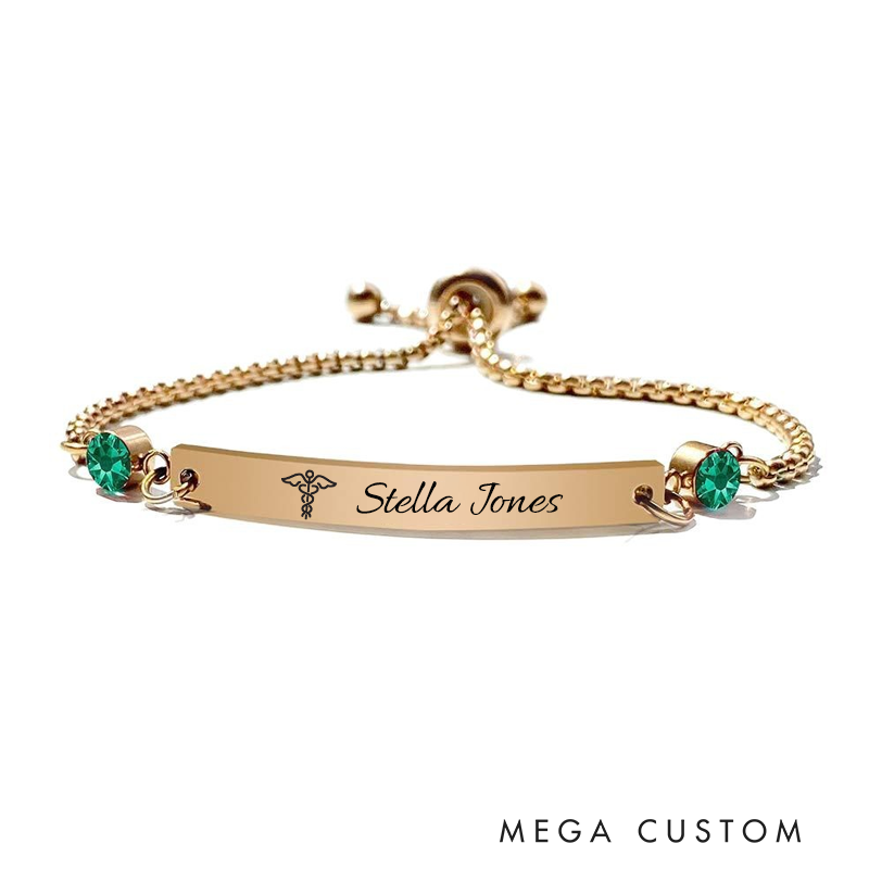 Personalized Birthstone Bracelet for Nurse Caduceus Engraved Bracelet Jewelry Gift for Medical Staff