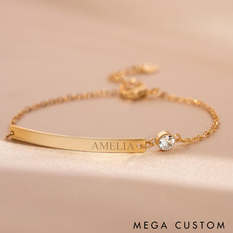 Personalized Name Bracelet Custom Engraved Bar with Birthstone Charm Adjustable Chain Unique Gift for Women