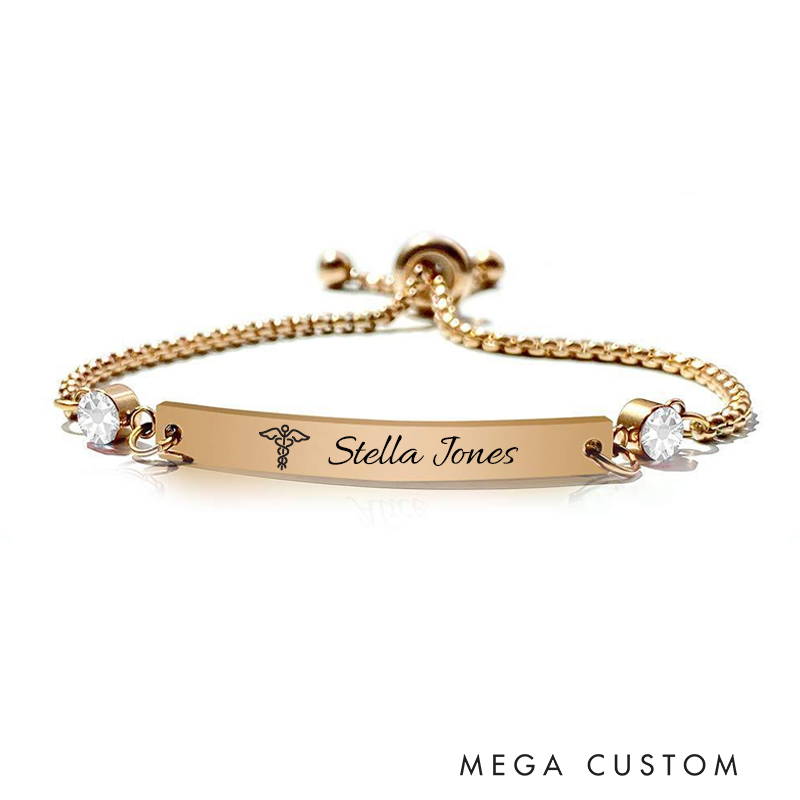 Personalized Birthstone Bracelet for Nurse Caduceus Engraved Bracelet Jewelry Gift for Medical Staff