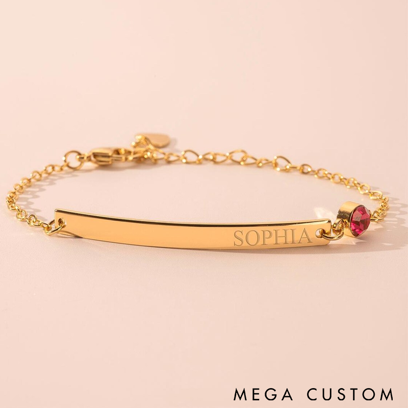 Personalized Name Bracelet Custom Engraved Bar with Birthstone Charm Adjustable Chain Unique Gift for Women