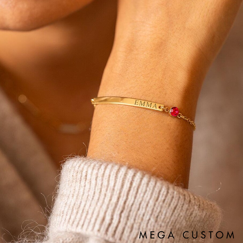 Personalized Name Bracelet Custom Engraved Bar with Birthstone Charm Adjustable Chain Unique Gift for Women