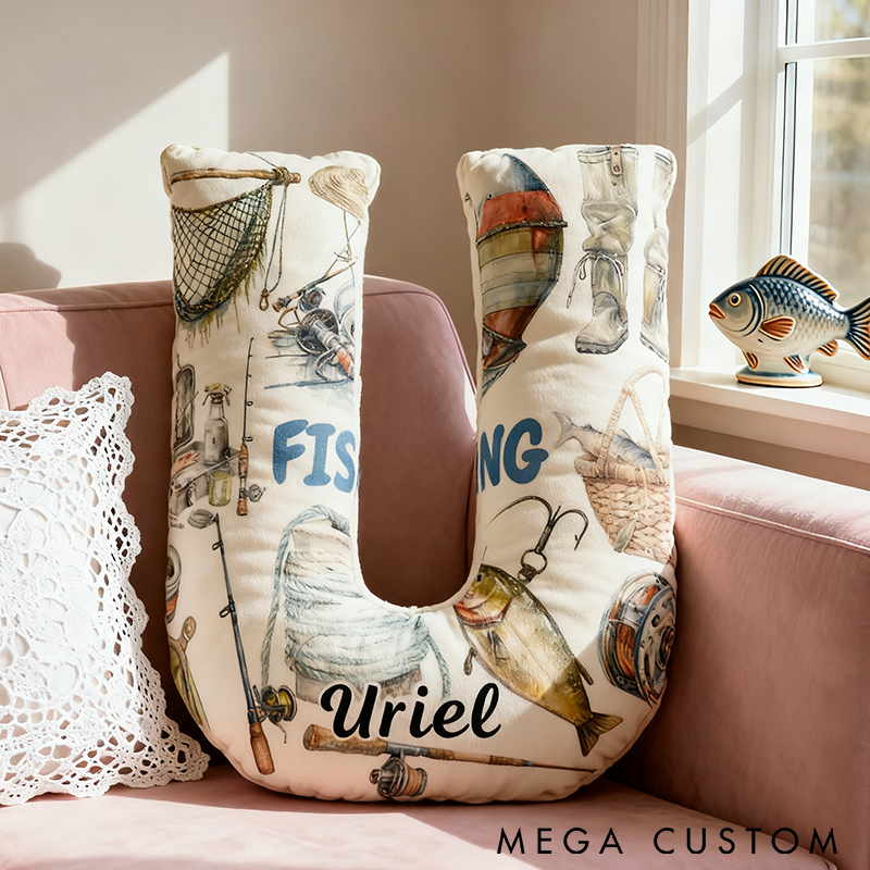 Personalized Fishing Pillow Custom Name Pillow with Fishing Gear Graphic 3D Print Perfect Gift for Fishing Enthusiasts and Cozy Home Decor 