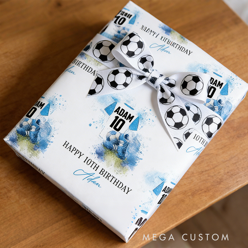 Personalized Soccer Gift Wrap Custom Name Message and Jersey Number Wrapping Paper with Matching Ribbon 3 Sizes 2 Finish