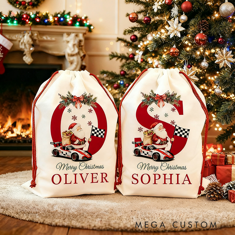 Personalized Racing Car Christmas Sack Custom Initial and Name Gift Bag for Racing Car Lovers and Holiday Celebration