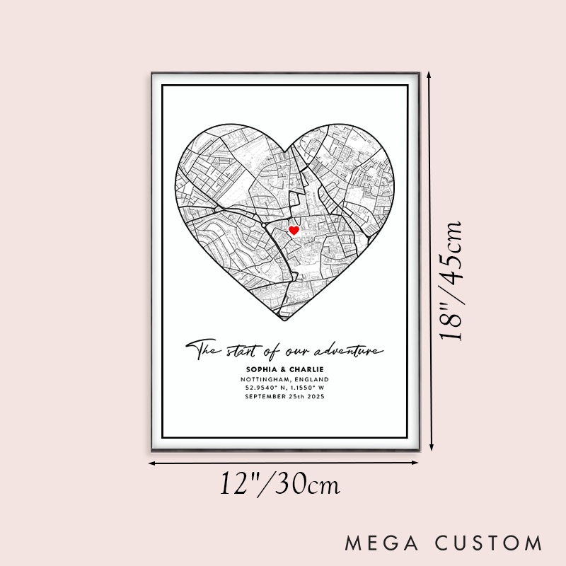 Personalized Couple Heart Map Location Print The Start of Our Adventure Canvas Painting Couple City Map Poster for Husband Wife Boyfriend Girlfriend