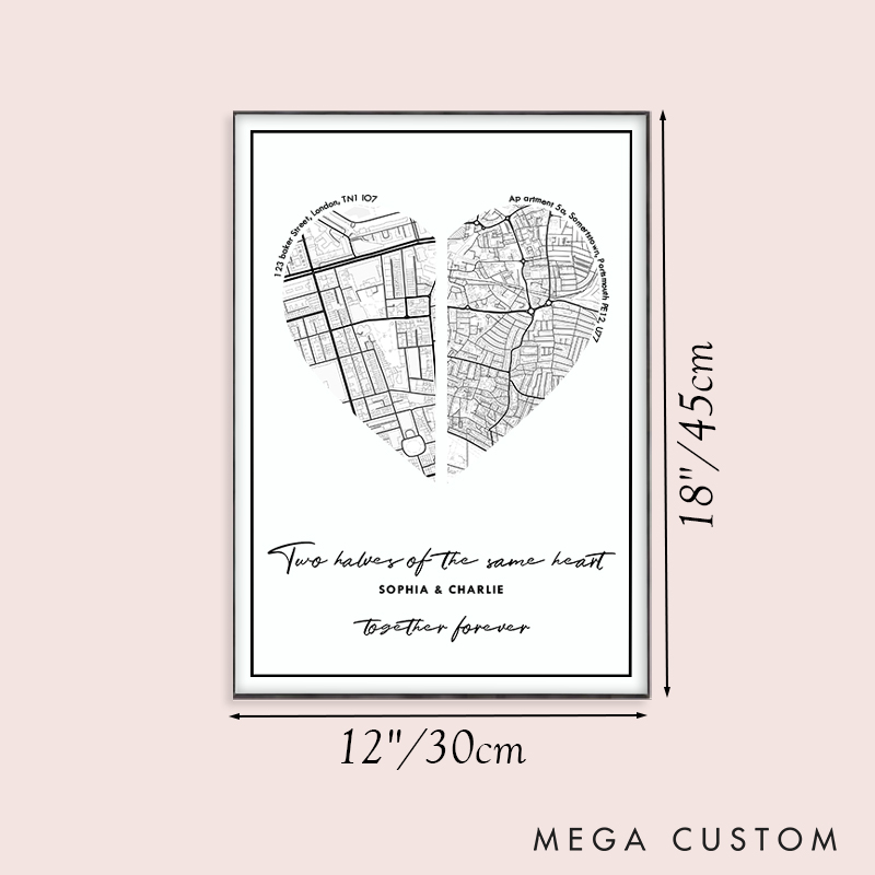 Personalized Couple Heart Map Location Print Two Halves of the Same Heart Canvas Painting Couple City Map Poster for Husband Wife Boyfriend Girlfriend