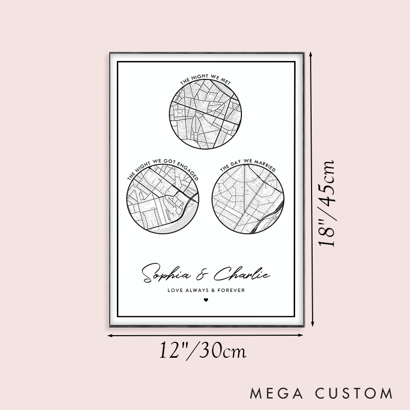 Personalized Couple Round Map Location Print The Night We Met Got Engaged and Married Canvas Painting Couple City Map Poster for Husband Wife