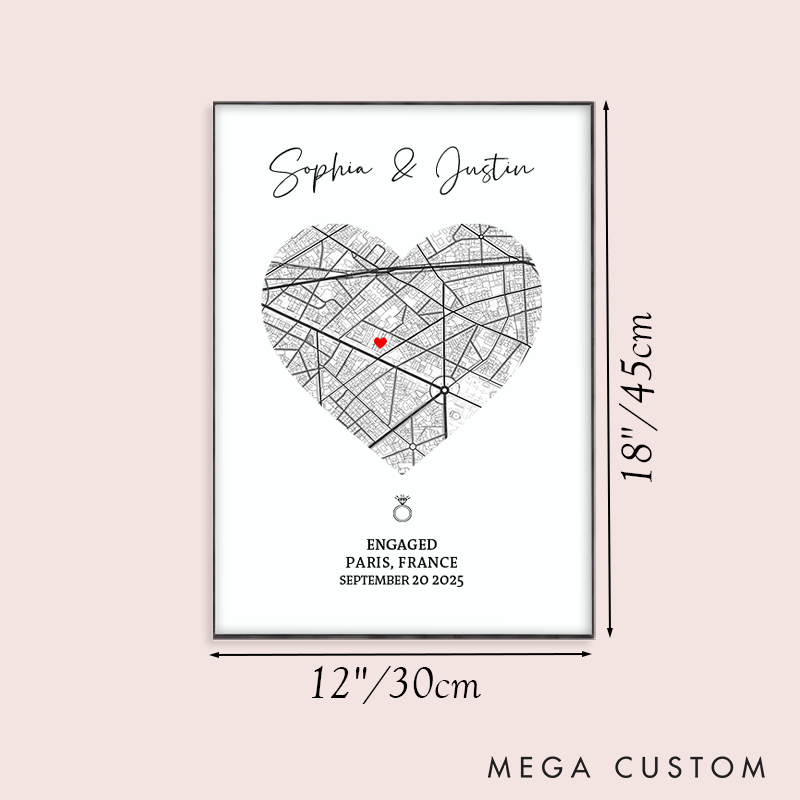 Personalized Couple Heart Map Location Print Engaged Date Canvas Painting Couple City Map Love Poster for Husband Wife Boyfriend Girlfriend