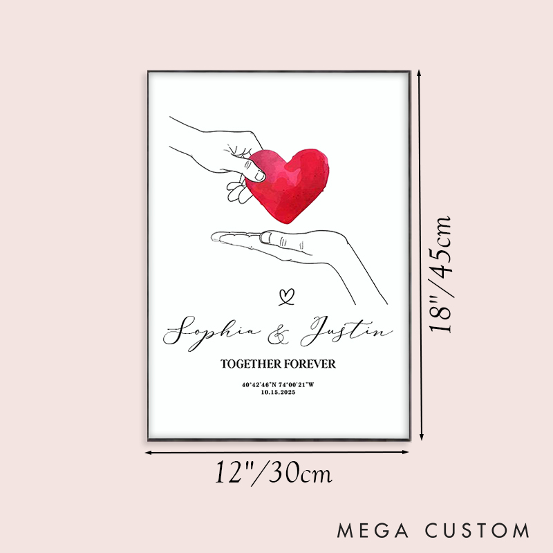 Personalized Couple Two Hands Holding a Heart Print Coordinate Canvas Painting Custom Name and Date Poster for Husband Wife Boyfriend Girlfriend