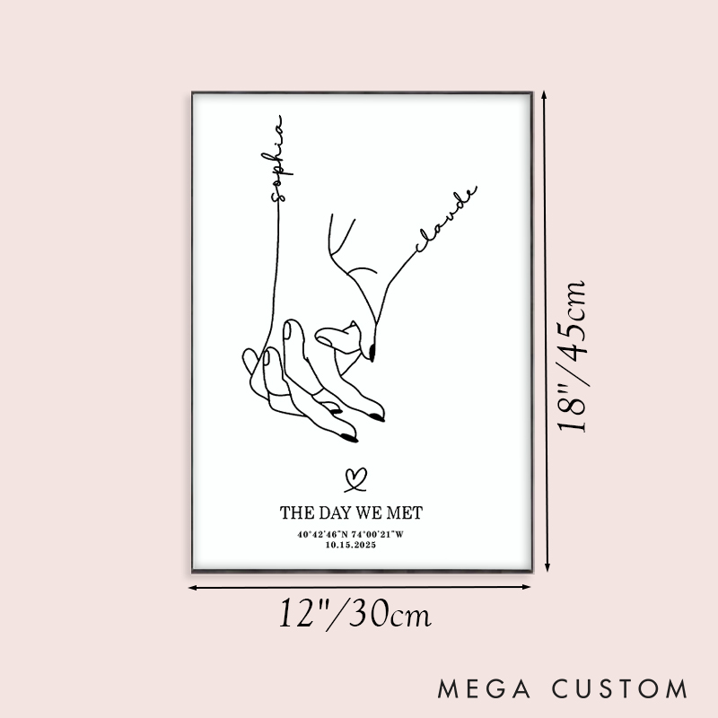 Personalized Couple Hands Intertwined Print with Name The Day We Met Canvas Painting Custom Coordinate Poster for Husband Wife Boyfriend Girlfriend