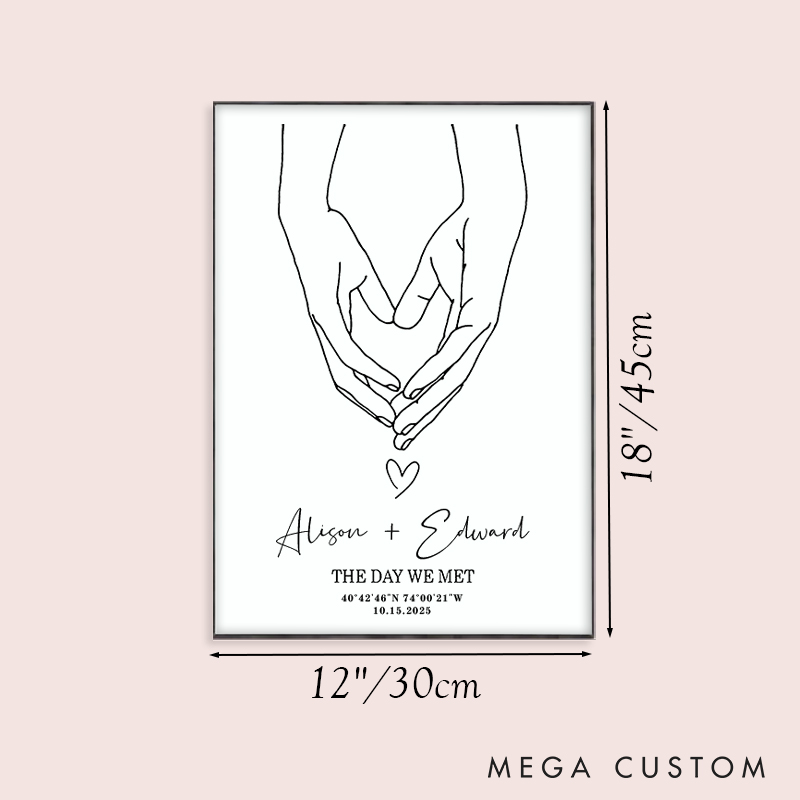 Personalized Couple Hands Form a Heart Print with Name The Day We Met Canvas Painting Custom Coordinate Poster for Husband Wife Boyfriend Girlfriend