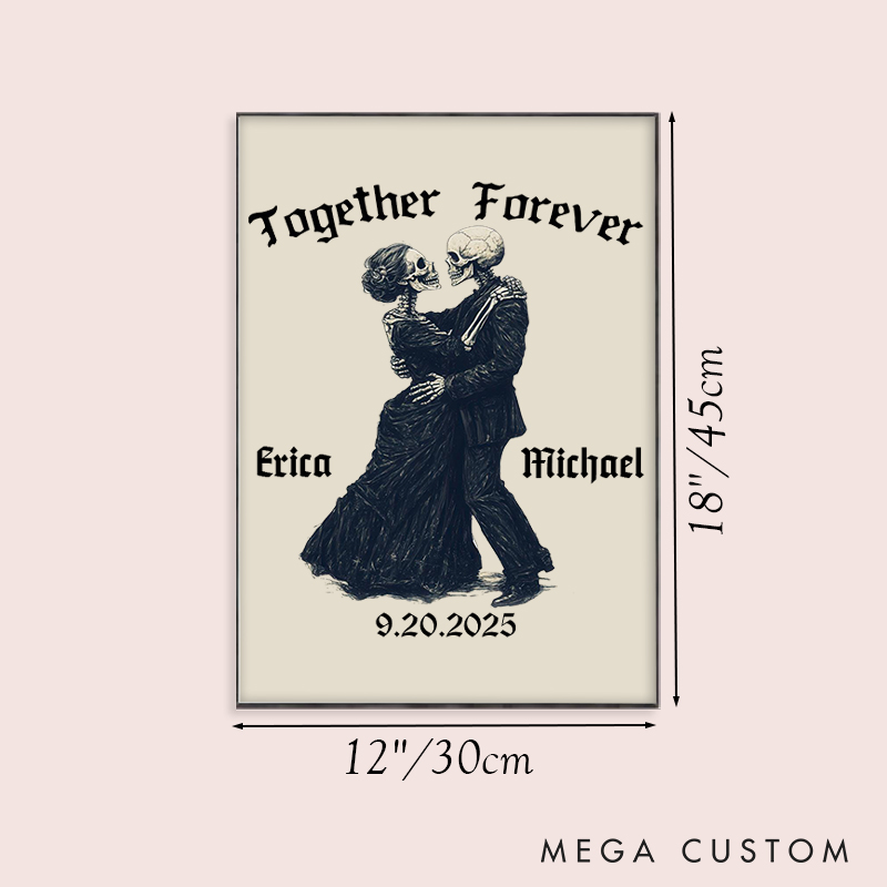 Personalized Couple Skull Together Forever Print Skeleton Couple Canvas Painting Custom Name and Date Poster for Husband Wife Boyfriend Girlfriend