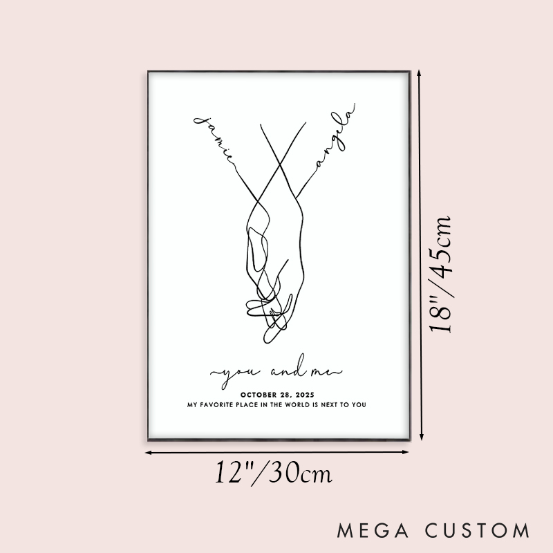 Personalized Couple You and Me Print Couple Line Hands Intertwined Canvas Painting Custom Name and Date Poster for Husband Wife Boyfriend Girlfriend
