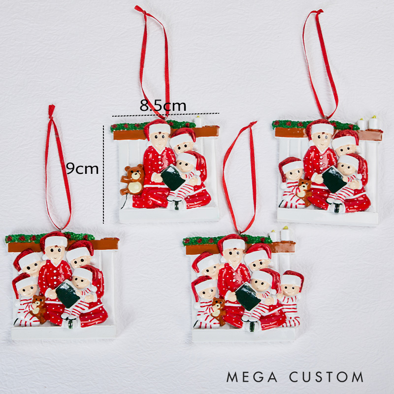 Personalized Reading Pajama Family of Four with Matching Pajamas Decorating Christmas Tree Ornament