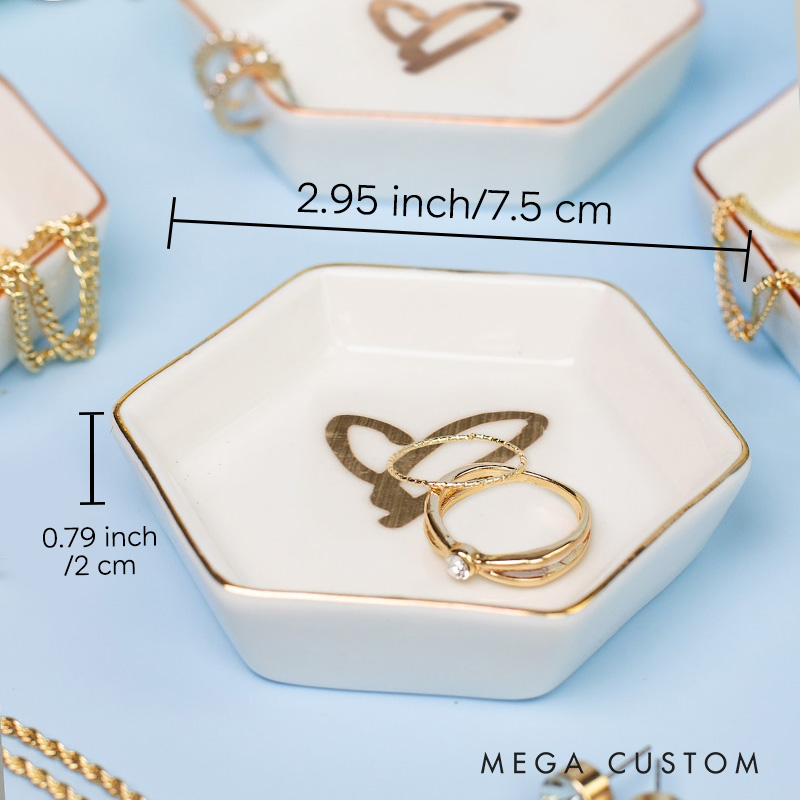 Personalized Elegant Watercolor Purple Floral with Initials Wedding Engagement Couple Gold-Trimmed Hexagon Ring Dish