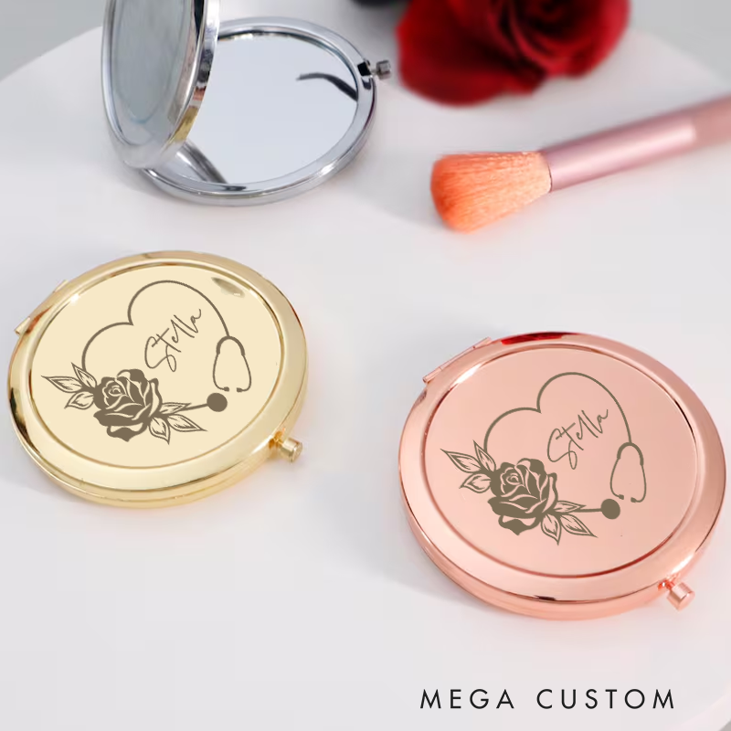 Personalized Nurse Compact Mirror Floral Stethoscope Pattern Engraved Pocket Mirror Gift