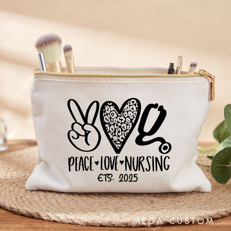 Personalized Makeup Bag for Nurse Peace Love Nursing Stethoscope Fashion Cosmetic Bag Gift