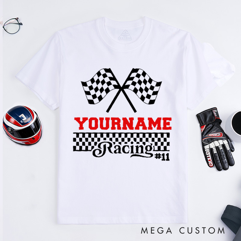 Personalized Racing Checkered Flag T-Shirt Custom Name and Number Race Team Tee Gift for Racers and Racing Lovers