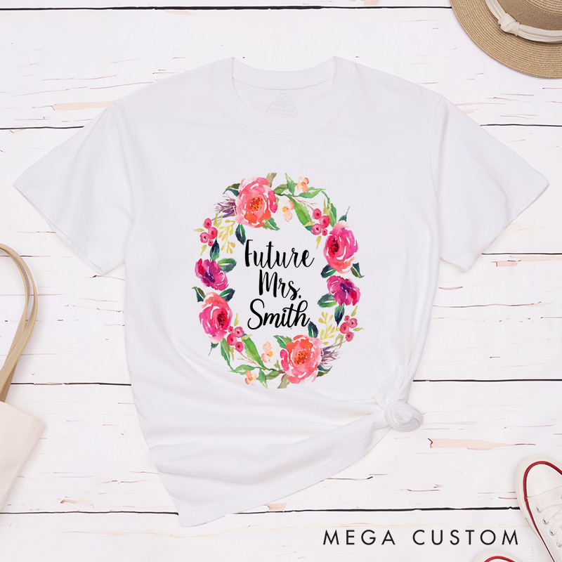 Personalized Romantic Watercolor Floral Wreath Future Mrs Fiancee Engagement Fiancée Classic T-Shirt
