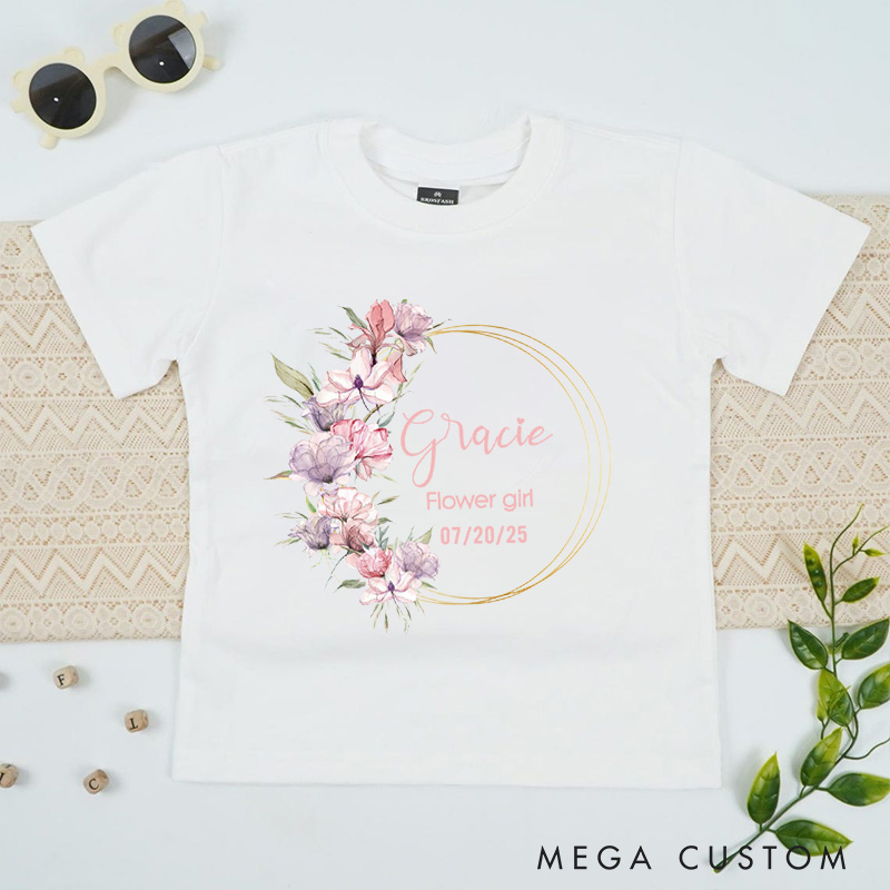 Personalized Delicate Flower Wreath T-Shirt for Wedding Flower Girl
