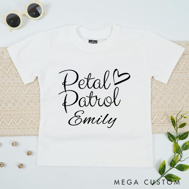 Personalized Chic Handwritten Petal Patrol with Heart Wedding Flower Girl T-Shirt 