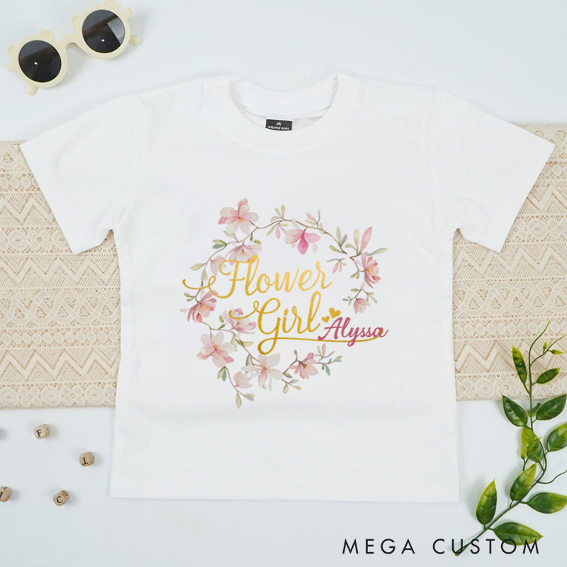 Personalized Watercolor Whimsical Floral Wreath Wedding Flower Girl T-Shirt 