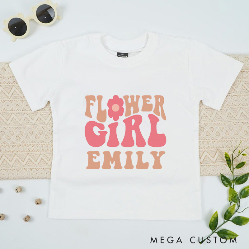 Personalized Retro Groovy Flower Girl Wedding Flower Girl T-Shirt 
