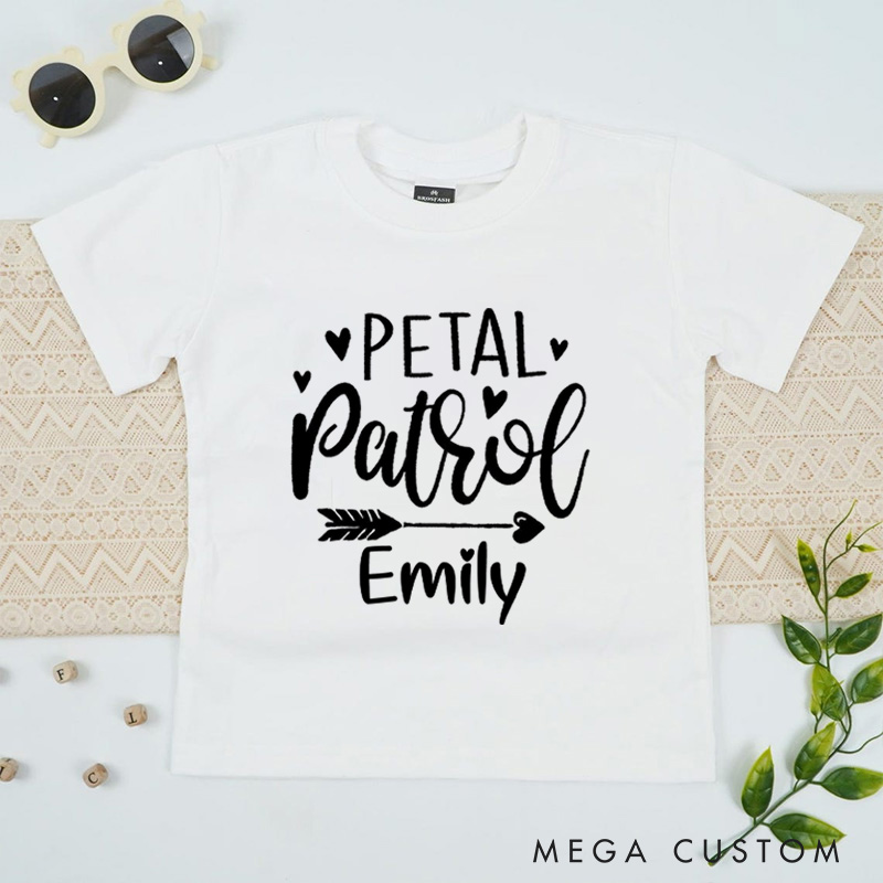 Personalized Whimsical Handwritten Petal Patrol with Heart and Arrow Wedding Flower Girl T-Shirt 