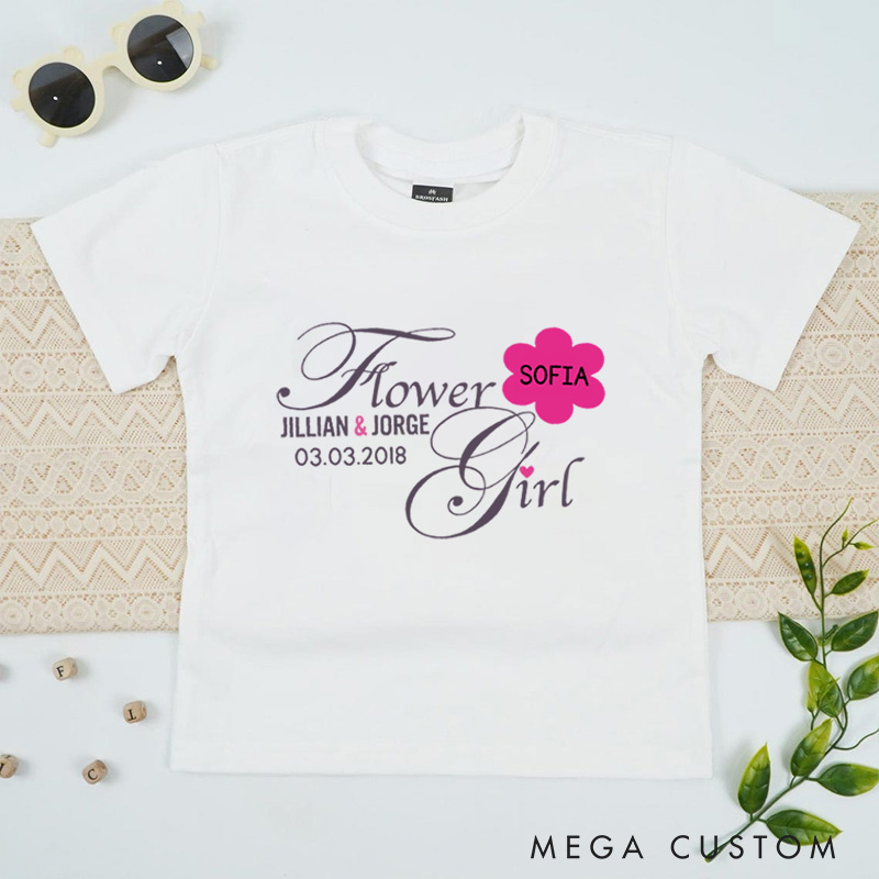 Personalized Elegant Script Flower Girl with Floral Name Wedding Flower Girl T-Shirt 