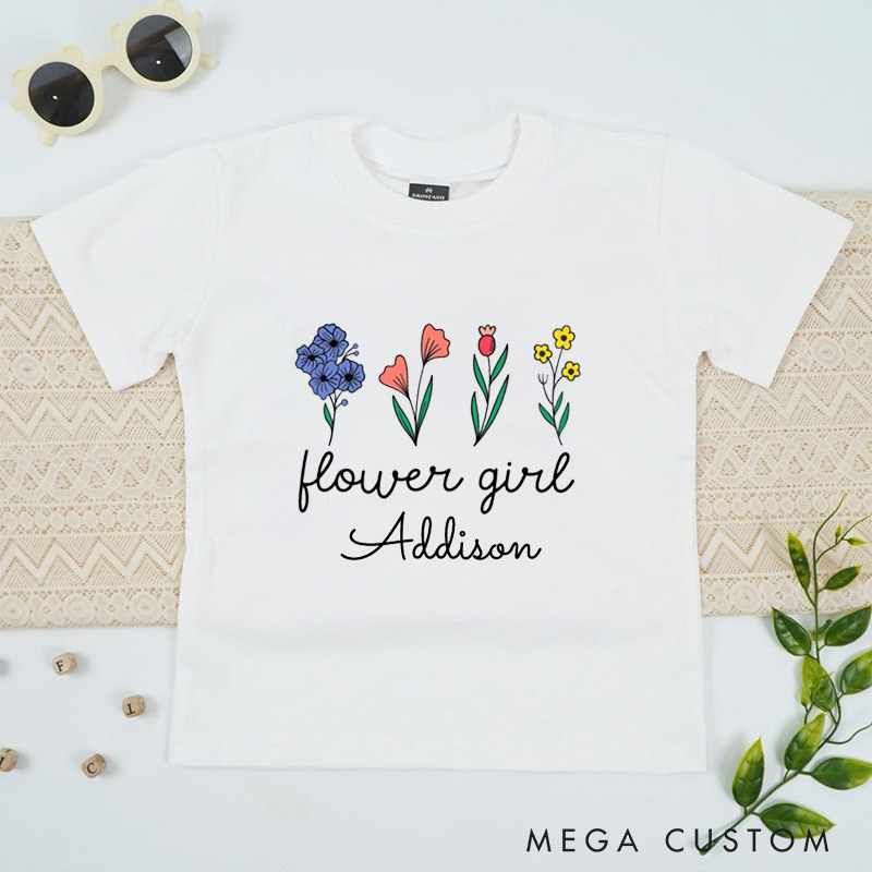 Personalized Whimsical Flower Girl Design with Hand-Drawn Flowers Wedding Flower Girl T-Shirt 