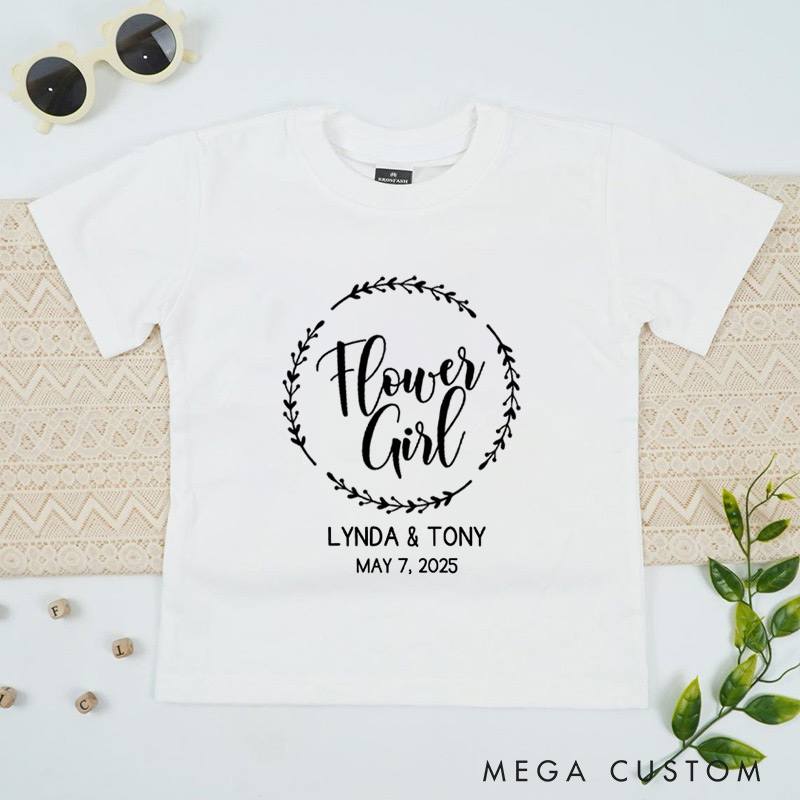 Personalized Elegant Flower Girl Design with Laurel Wreath Wedding Flower Girl T-Shirt 