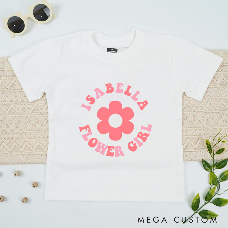 Personalized Retro-Inspired Flower Girl with Name Wedding Flower Girl T-Shirt 