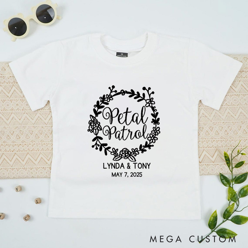 Personalized Elegant Petal Patrol with Floral Wreath Wedding Flower Girl T-Shirt 