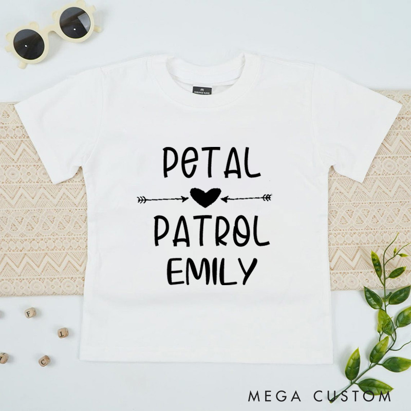Personalized Playful Petal Patrol with Heart and Arrow Wedding Flower Girl T-Shirt 
