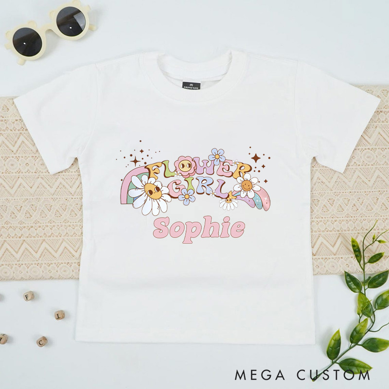 Personalized Whimsical Retro Flower Girl with Daisies and Rainbows Wedding Flower Girl T-Shirt 