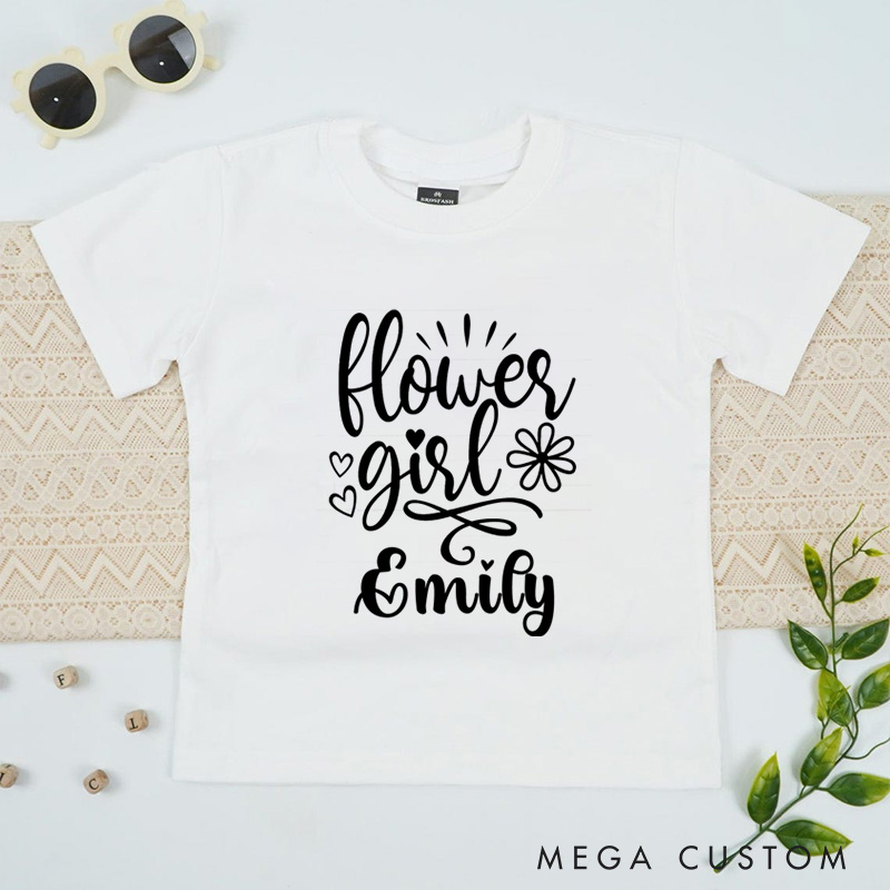 Personalized Elegant Flower Girl with Hearts and Floral Wedding Flower Girl T-Shirt 