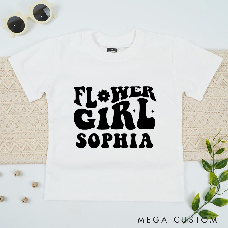 Personalized Groovy Retro Flower Girl Wedding Flower Girl T-Shirt 