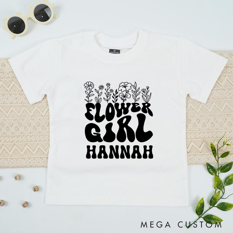 Personalized Boho Groovy Flower Girl with Floral Wedding Flower Girl T-Shirt 