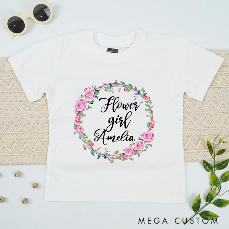 Personalized Flower Girl with Watercolor Rose Wreath Wedding Flower Girl T-Shirt 