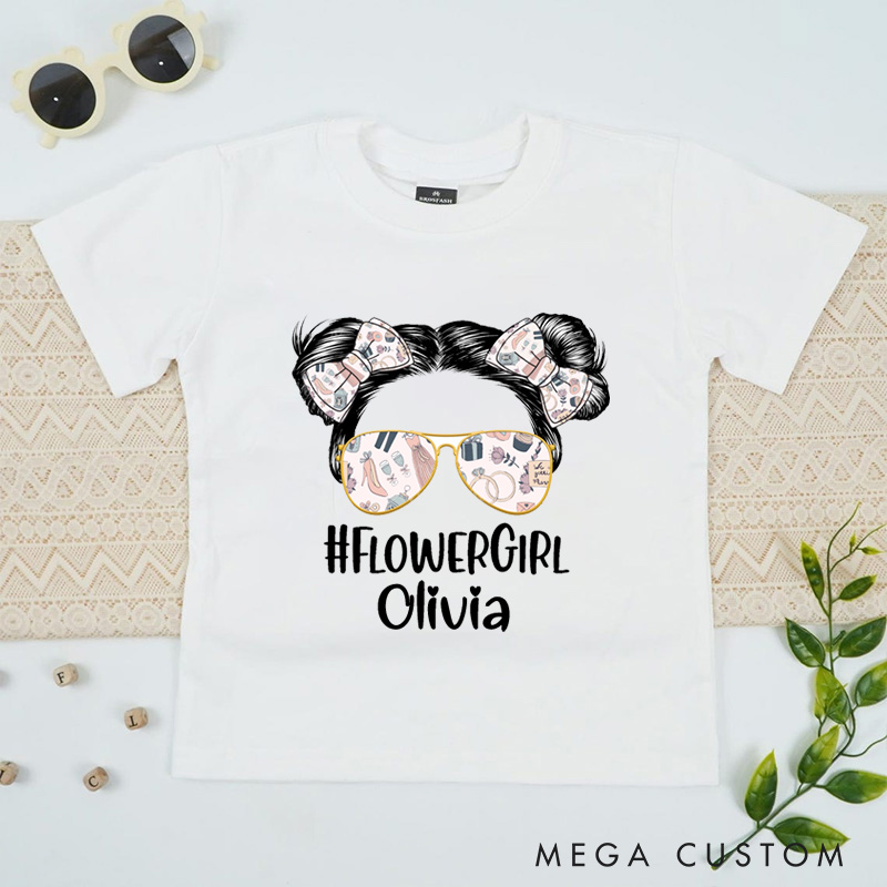 Personalized Trendy Flower Girl with Sunglasses and Bows Wedding Flower Girl T-Shirt 