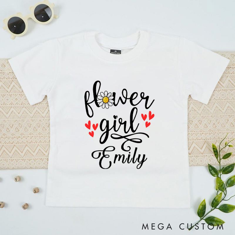 Personalized Sweet Flower Girl with Daisy and Hearts Wedding Flower Girl T-Shirt 