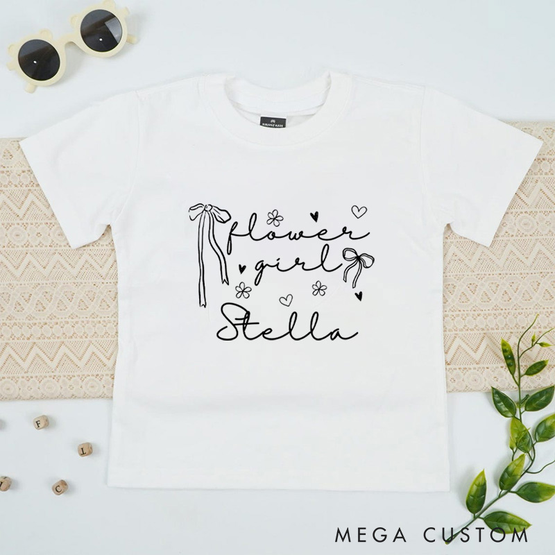 Personalized Delicate Flower Girl with Bows and Hearts Wedding Flower Girl T-Shirt 